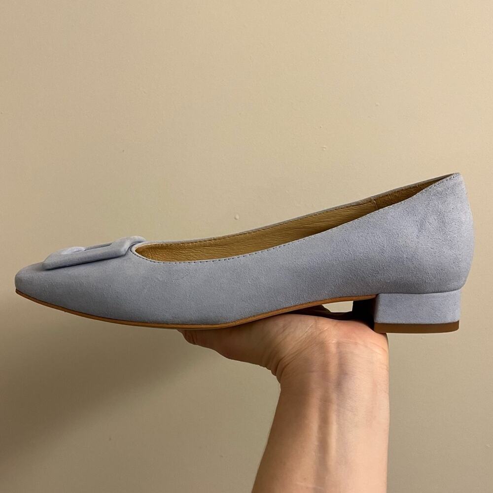 J. McLaughlin Lisbeth Blue Suede Buckle Low Block Heels Size 8 - Picture 7 of 12